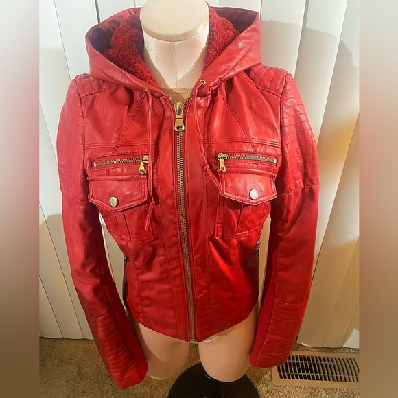 Red Leather Hooded Jacket - Picture 3 of 5